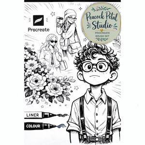 Op de afbeelding: Zwart-wit illustratie van een Procreate brush set met gestileerde figuren, bloemen en tekst. De afbeelding bevat de woorden "Procreate", "Liner", "Colour" en "Peacock Petal Studio Procreate Brush Set".