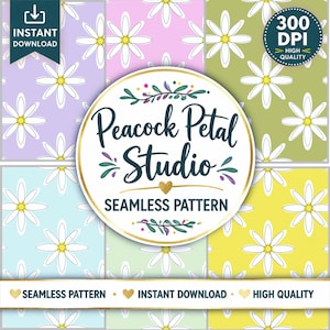 以下が含まれることがあります： パステルカラーの背景に白いデイジーが描かれたデジタルシームレスパターンデザイン。「Peacock Petal Studio」と「Seamless Pattern」の文字、300 DPIの高品質バッジ、「Instant Download」の文字が含まれています。