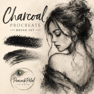 May include: An artistic digital illustration featuring a charcoal brush set for Procreate. The image includes a portrait of a woman, charcoal brush strokes, and the text "Charcoal Procreate Brush Set". The Peacock Petal Studio logo is also visible.
