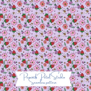 Spring Park Seamless Pattern Png, Bee Floral Pastel Repeatable Design Download, Cute Spring Fruit Tile For Printing & Sublimation