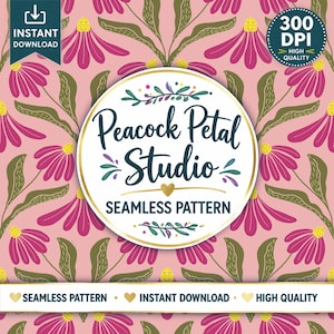 May include: A seamless pattern design with pink flowers and green leaves on a pale pink backdrop. The design includes the text "Peacock Petal Studio" and "Seamless Pattern". The image also includes the text "Instant Download" and "High Quality".