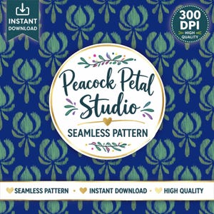 May include: A digital seamless pattern design with a blue background and a repeating green floral motif. The design features a central circular logo with the text "Peacock Petal Studio" and "Seamless Pattern". The image also includes the text "Instant Download" and "High Quality".