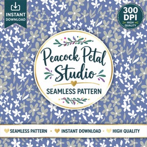 May include: A seamless pattern design featuring a floral pattern in white and gray on a periwinkle blue background. The design includes a central circular logo with the text "Peacock Petal Studio" and the words "Seamless Pattern".