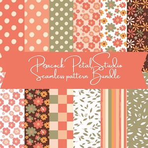 May include: A collection of seamless patterns in various designs and colors. The patterns include polka dots, floral arrangements, and geometric shapes. The text "Peacock Petal Studio Seamless Pattern Bundle" is displayed across the image.