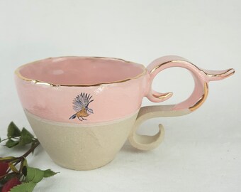 Large ceramic cup pink gold bird