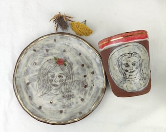 Keramik Teller und Tasse Set handbemalt Unikat Gold