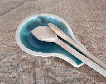 Handmade ceramic spoon rest in turquoise