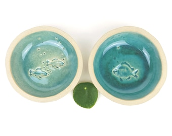 Ceramic feeding bowls 1 pair turquoise with fish