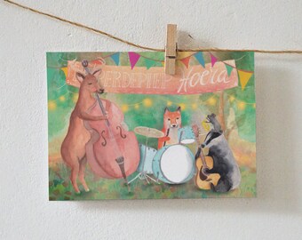 Hieperdepiephoera! Band met dieren Vrolijke verjaardag of felicitatiekaart (feestje, gefeliciteerd, illustratie, wenskaart, ansichtkaart)