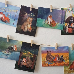 Set kaarten met illustraties van dieren op avontuur wenskaarten, ansichtkaarten, gezellig, wenskaart set 3 - 8 kaarten