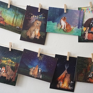 Set kaarten met illustraties van dieren op avontuur wenskaarten, ansichtkaarten, gezellig, wenskaart set 1 - 8 kaarten