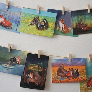 Set kaarten met illustraties van dieren op avontuur wenskaarten, ansichtkaarten, gezellig, wenskaart set 4 - 8 kaarten