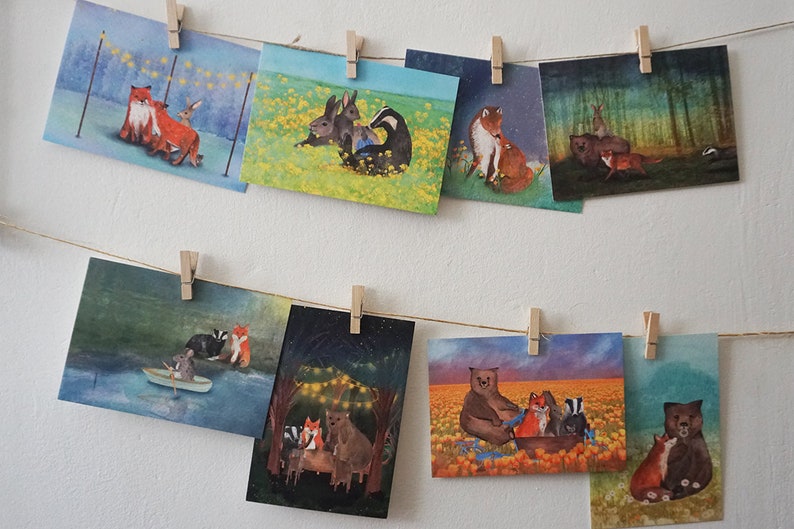 Set kaarten met illustraties van dieren op avontuur wenskaarten, ansichtkaarten, gezellig, wenskaart set 4 - 8 kaarten