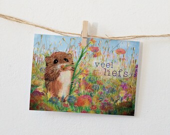 Veel liefs! Lieve kaart met een muis en bloemen (illustratie, wenskaart, ansichtkaart, sterkte, liefde, love, beterschap, wilde bloemen)