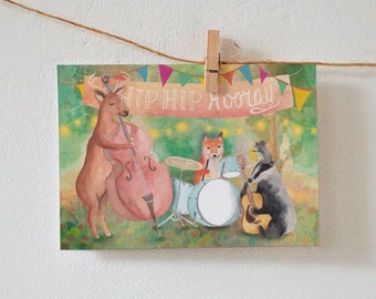 Hip hip hooray! Band met dieren Vrolijke verjaardag of felicitatiekaart (feestje, gefeliciteerd, illustratie, wenskaart, ansichtkaart)