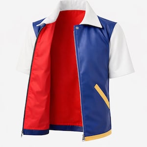 May include: A short-sleeved jacket featuring a blue front panel, white sleeves, and a white collar. The interior is lined with bright red fabric. A yellow diagonal accent stripe is positioned on the lower left side, and a zipper closure runs down the center.