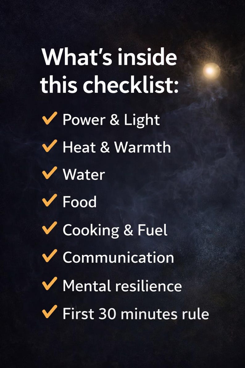 Puede incluir: Imagen con fondo oscuro y texto blanco. El texto dice "What's inside this checklist:" seguido de una lista de elementos, incluyendo Power & Light, Heat & Warmth, Water, Food, Cooking & Fuel, Communication, Mental resilience y First 30 minutes rule.