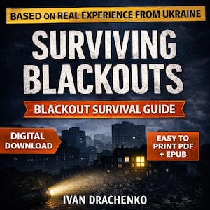May include: Book cover with the title "SURVIVING BLACKOUTS" in large white letters. The cover includes the text "BLACKOUT SURVIVAL GUIDE" and "DIGITAL DOWNLOAD". The author's name, Ivan Drachenko, is at the bottom. The background shows a city at night.