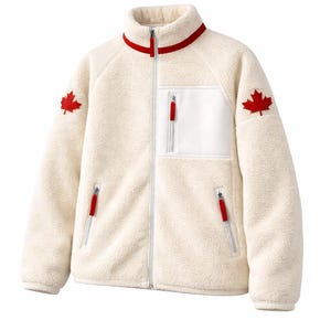 Puede incluir: Chaqueta de forro polar color crema con cuello alto y cremallera completa. Cuenta con un bolsillo blanco en el pecho, tiradores de cremallera rojos y un parche de hoja de arce roja en cada hombro. El cuello tiene un ribete rojo.