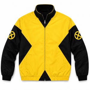 May include: A yellow and black zip-up jacket featuring a high collar and long sleeves. The design includes a large yellow X shape across the front and back, with black panels on the sides and sleeves. A yellow X-Men logo is on each upper sleeve.