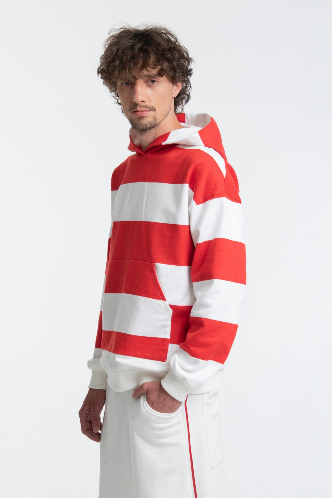 【BAON】[unisex] Mapeto Hood Stripe Knit Splendid pastel striped knit pullover tunic w hood, ties