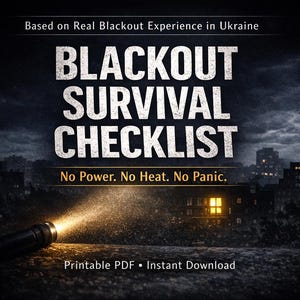May include: A digital product titled "Blackout Survival Checklist" against a dark, stormy backdrop. The image features a flashlight beam illuminating the foreground, with text that reads "No Power. No Heat. No Panic."