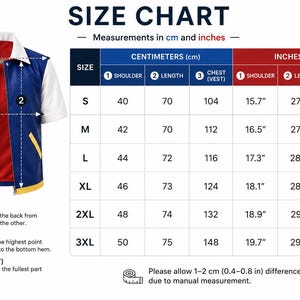 May include: A size chart for a blue, white, and red vest with yellow pocket accents. The chart displays measurements in centimeters and inches for sizes S through 3XL, detailing shoulder, length, and chest dimensions with numbered indicators.