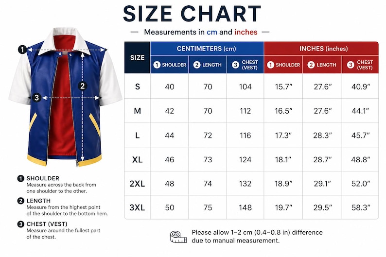 May include: A size chart for a blue, white, and red vest with yellow pocket accents. The chart displays measurements in centimeters and inches for sizes S through 3XL, detailing shoulder, length, and chest dimensions with numbered indicators.