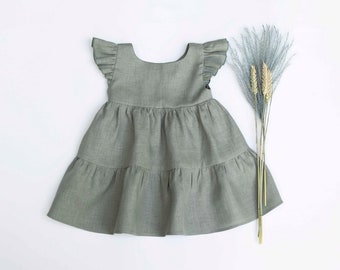 Olive Linen Tiered Dress