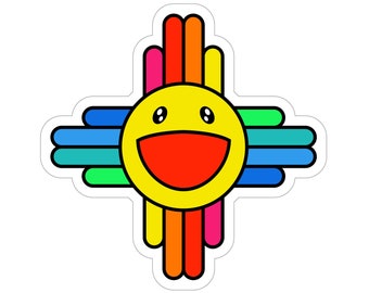 Kawaii "Smiling Zia" Vinyl Sticker | New Mexico, Zia Smiley Rainbow, Albuquerque NM ABQ, Burque 505 Pride Gift, Meow Wolf | Super Rad Design