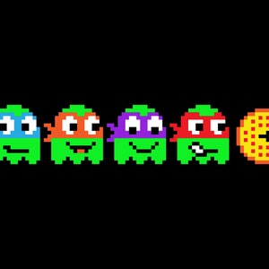 May include: Five pixelated characters resembling the Teenage Mutant Ninja Turtles, each wearing a different colored bandana, are chasing a pixelated pizza slice.