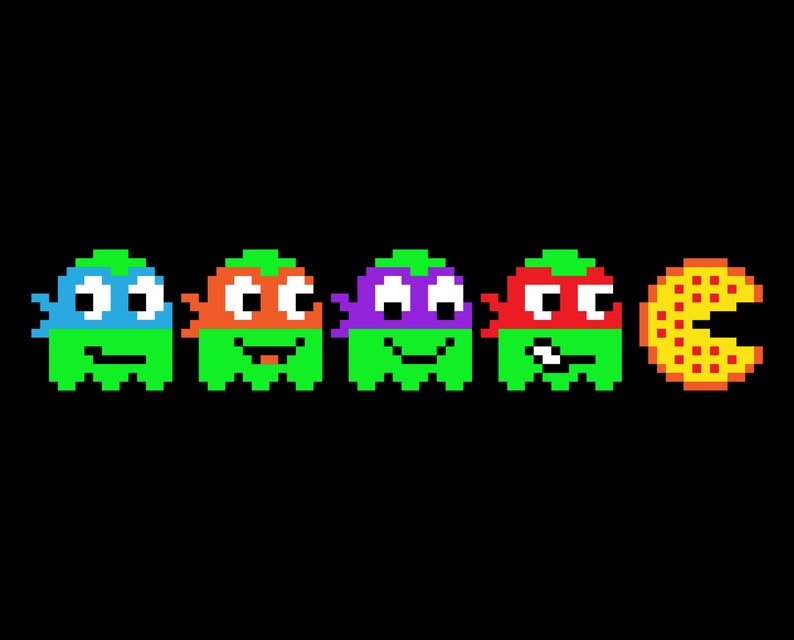 May include: Five pixelated characters resembling the Teenage Mutant Ninja Turtles, each wearing a different colored bandana, are chasing a pixelated pizza slice.