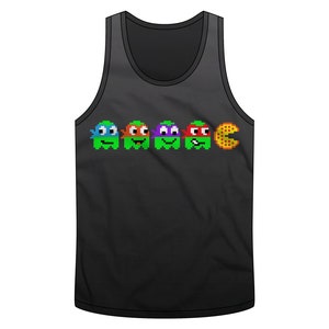 May include: Black tank top with a graphic of four pixelated Teenage Mutant Ninja Turtles dressed as Pac-Man characters, with one of the turtles eating a pixelated pizza slice.