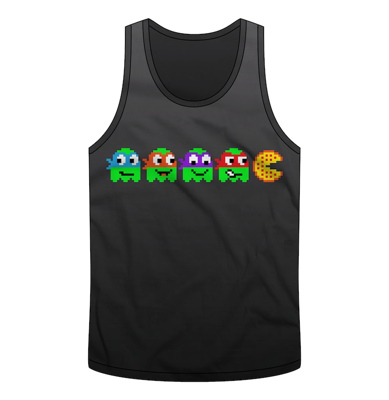 May include: Black tank top with a graphic of four pixelated Teenage Mutant Ninja Turtles dressed as Pac-Man characters, with one of the turtles eating a pixelated pizza slice.