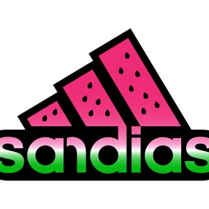 May include: A black and white logo with the word "sandias" in green and pink letters. The logo is shaped like a watermelon with three slices.