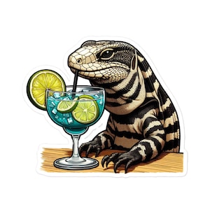May include: A black and white striped lizard enjoying a blue cocktail. The lizard is wearing a straw hat and sunglasses. The cocktail is garnished with a lime wedge and a cherry.