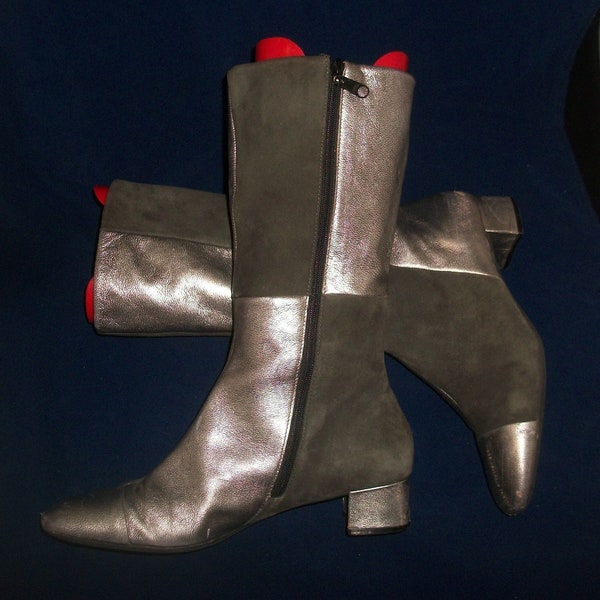 60's-Inspired Silver-Leather & Gray-Suede Low-Heel Mid-Calf Patchwork Boots 9M