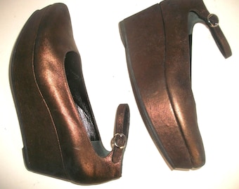 Robert Clergerie Paris Bronze Leather Ankle Strap Platform-Wedge Flats 6M [555usd]