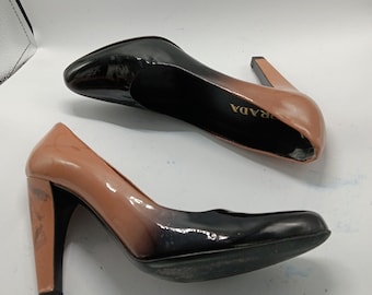 PRADA Vtg Black and Tan Patent High Heel Pumps 5.5M
