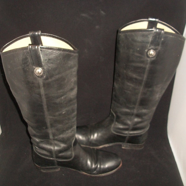 Frye Vtg Melissa Tall Black-Leather Pull-On Boots with Domed Logo-Buttons at Top