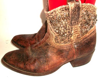 Frye Vintage "Deborah" Studded Aged Leather Cowgirl Boots Handmade in Spain