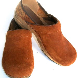 Vintage Handmade Rustic Danish Sanita Suede, Wood & Leather Clogs 9M