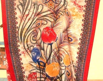 Vintage Floral Kaftan: Tulip & Peacock Feather Print, Kimono Sleeve
