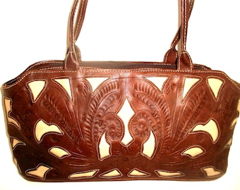 Vintage Brown & Cream Leather Hand-Tooled 3-Compartment Top-Zip Shoulder Bag