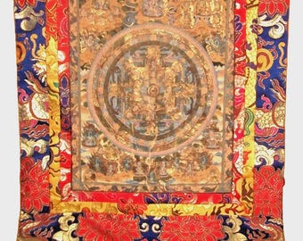 Large Hanging Vintage Tibetan Thangka w Handpainted Mandala on Heavy Brocade