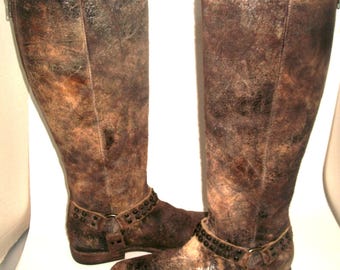 John Frye Tall Rear-Zip Distressed Brown Leather Studded Harness Boots 10M [398USD]