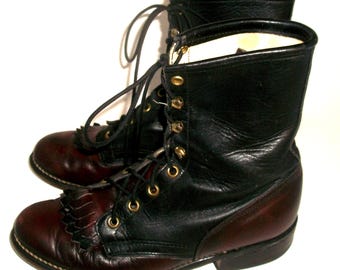 Vintage Black and Cordovan Leather Lace Up Western Kiltie Boots 6M