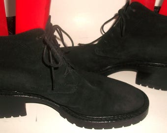 Vintage Via Spiga Tailored Black Suede Chunky Heel Lace-Up Ankle Boots 7.5M