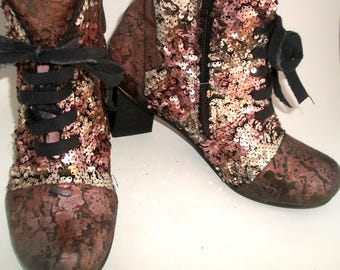 Papucei Handmade Sequined & Painted Leather High Heel Granny Boots 9M