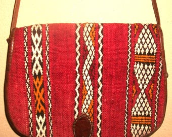 Vintage Large Leather and Kilim Moroccan Crossbody Saddle Bag